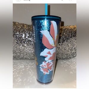 Starbucks Glittery Blue Floral Tumbler 24oz
